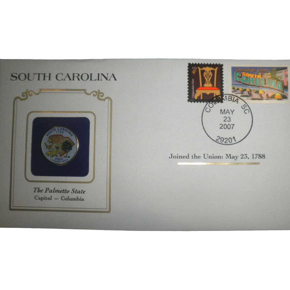 SOUTH CAROLINA COLORIZED QUARTER & FIRST DAY COVER- POSTAL COMMEMORATIVE SOCIETY - Picture 1 of 4